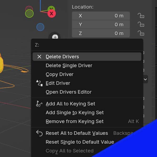 The option to delete all drivers from a value is displayed in the Blender 3D viewport. 
