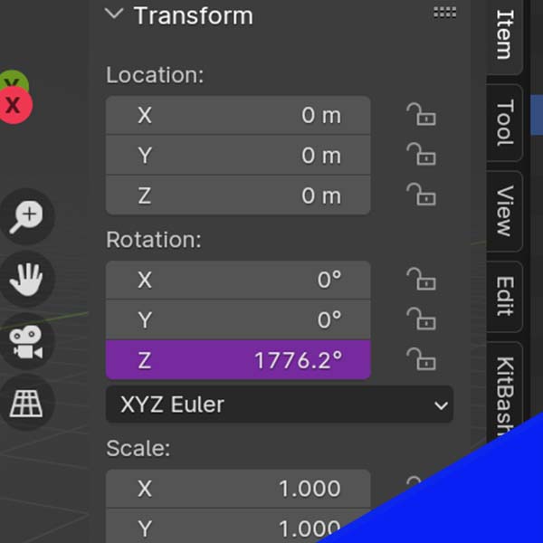 The Z rotation value for an object is purple in the sidebar to indicate it has a driver applied to it. 