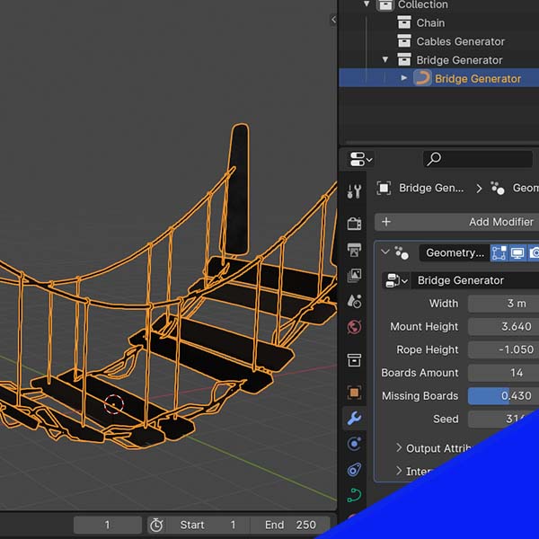 3D model of a wooden bridge created in Blender and several settings to adjust its appearance. 