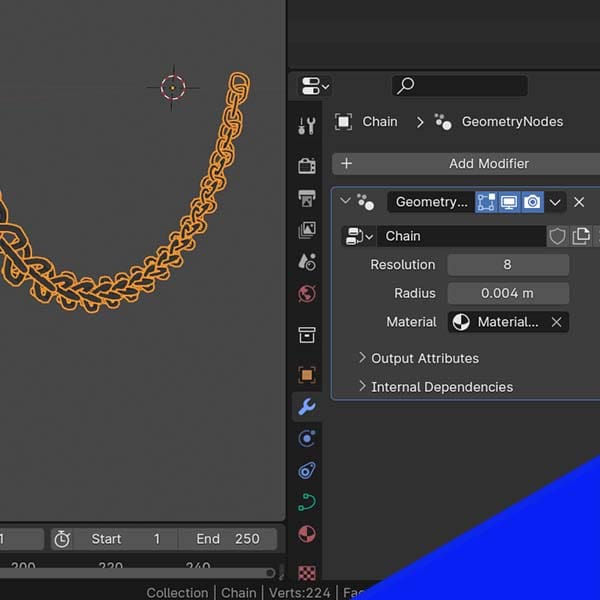 A 3D model of a chain and settings to adjust its appearance in Blender. 