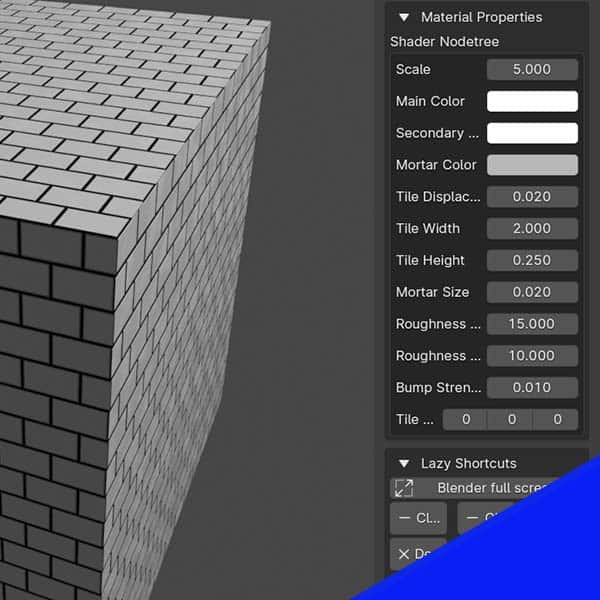 Settings for a tile material are shown in the Blender sidebar. 