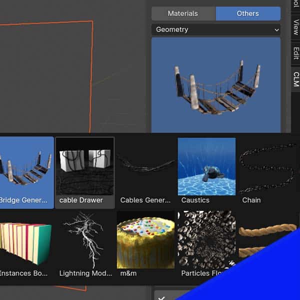 A series of geometry node preview images displays in the CLM asset selector. 