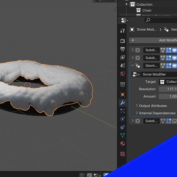 A 3D torus object with snow on top of it and a menu of settings to adjust the snow appearance. 