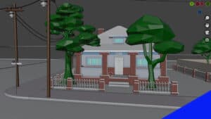 A 3D model of a house and trees in Blender.
