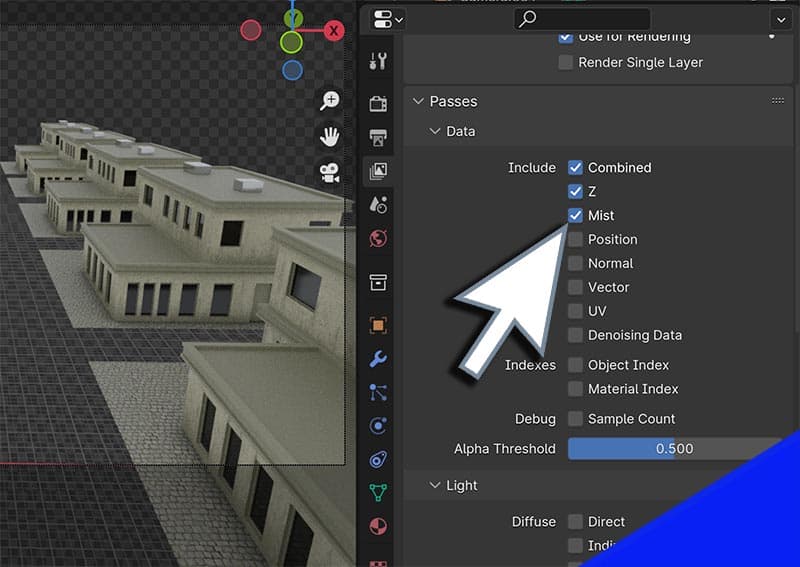 The mist pass setting hovered with a cursor in the Blender properties panel. 