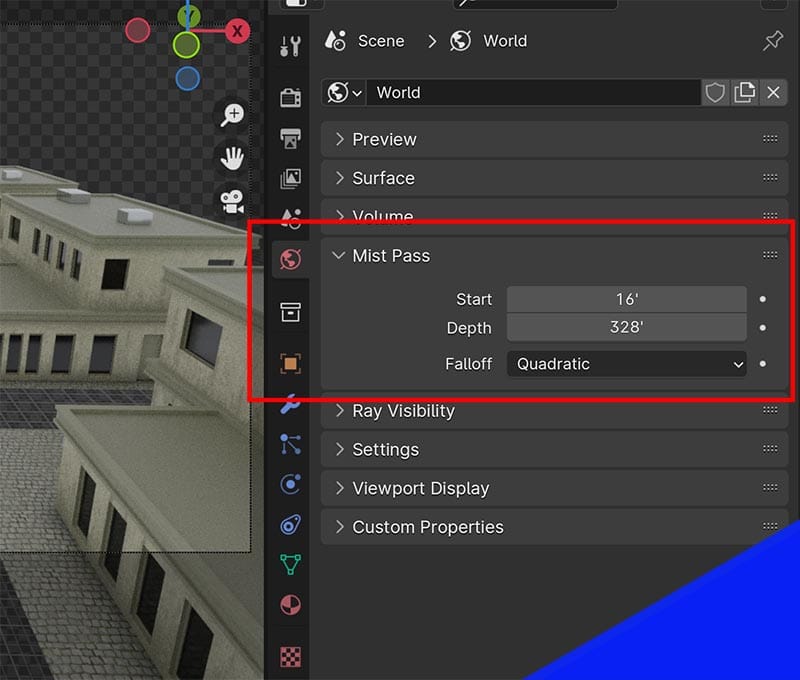 The mist pass settings highlighted in the Blender World properties panel. 