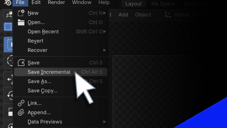 The save incremental option in Blender is hovered over with a cursor.