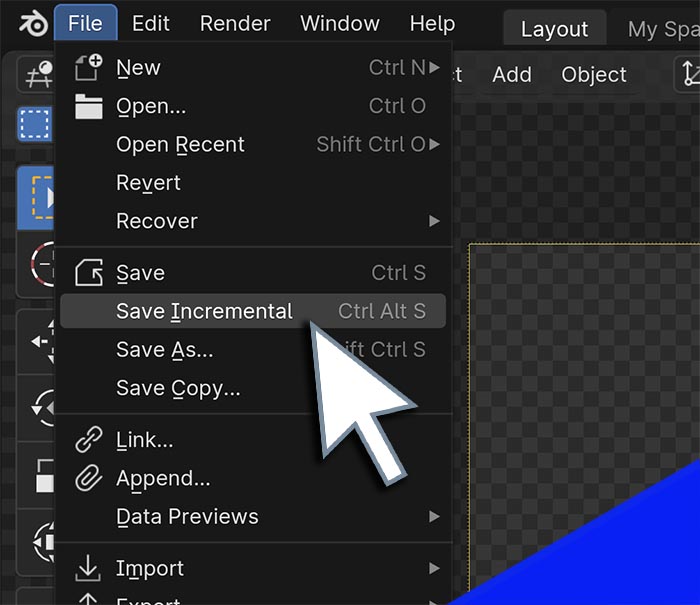 The save incremental option is hovered over with a cursor in the Blender file menu. 